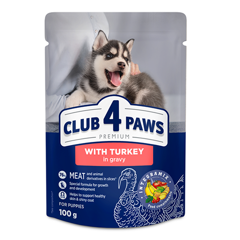 CLUB 4 PAWS PREMIUM KUTSIKATELE "KALKUNIGA KASTMES". KONSERV TÄISSÖÖT LEMMIKLOOMATOIT