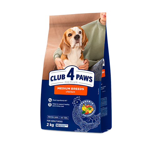 CLUB 4 PAWS PREMIUM KESKMISTELE TÕUGUDELE. TÄISSÖÖT LEMMIKLOOMATOIT TÄISKASVANUD KOERTELE