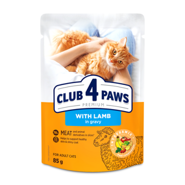 CLUB 4 PAWS Premium "With lamb in gravy". Сomplete canned pet food for adult cat