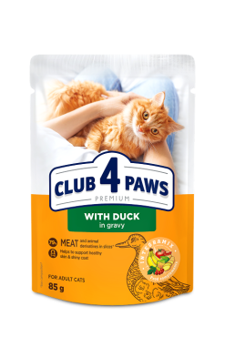 CLUB 4 PAWS PREMIUM " WITH DUCK IN GRAVY ". СOMPLETE CANNED PET FOOD FOR ADULT CATS