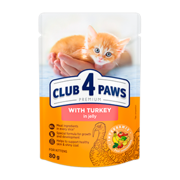 CLUB 4 PAWS PREMIUM FOR KITTENS "WITH TURKEY IN JELLY". СOMPLETE CANNED PET FOOD