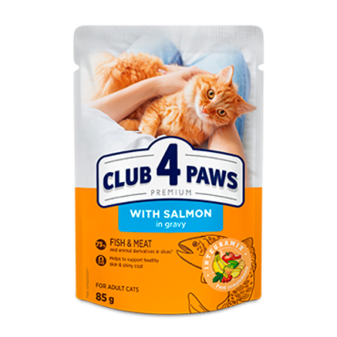CLUB 4 PAWS Premium "With salmon in gravy". Сomplete canned pet food for adult cats