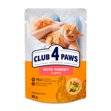 CLUB 4 PAWS Premium "With turkey in gravy". Сomplete canned pet food for adult cats