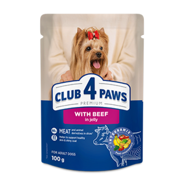 CLUB 4 PAWS Premium "With beef in jelly". Complete canned pet food for adult dogs