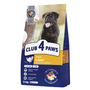 CLUB 4 PAWS PREMIUM LIGHT. СOMPLETE DRY PET FOOD FOR WEIGHT CONTROL FOR ADULT DOGS OF SMALL BREEDS STERILISED OR PRONE TO BEING OVERWEIGHT. HIGH IN TURKEY