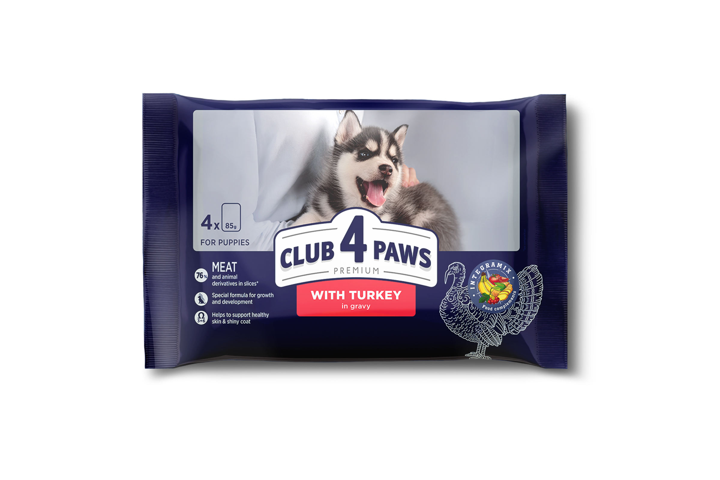 CLUB 4 PAWS PREMIUM KUTSIKATELE "KALKUNIGA KASTMES". KONSERV TÄISSÖÖT LEMMIKLOOMATOITх4