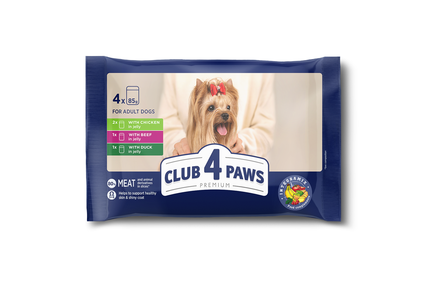 Komplekt CLUB 4 PAWS Premium. Täisväärtuslik konservtoit täiskasvanud koertele "KANALIHA ŽELEES", "VEISELIHAGA ŽELEES", "PARDILIHA ŽELEES" (4 x 0,085), 0,34 kg