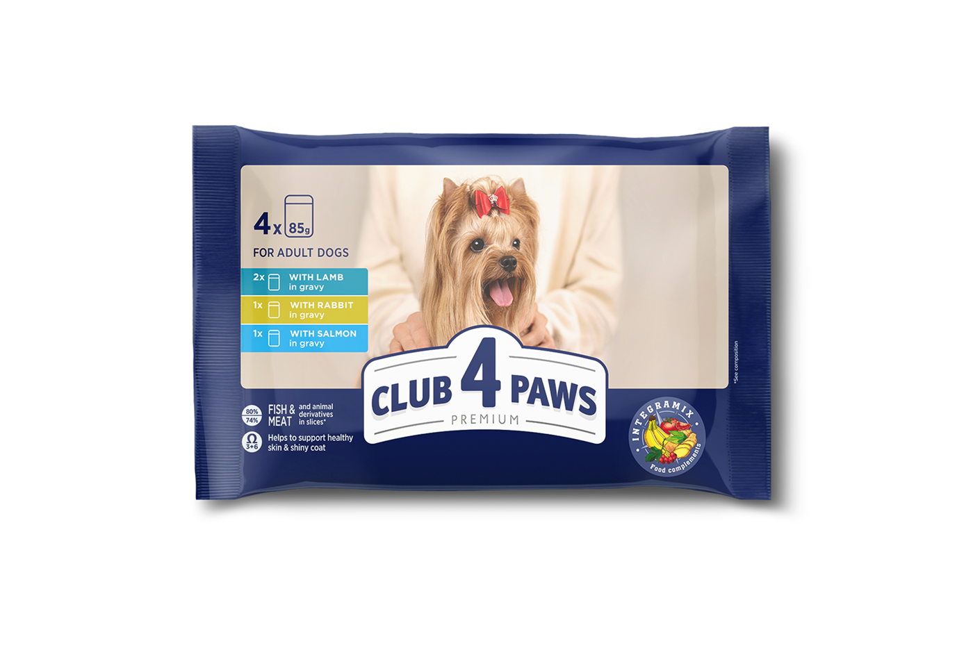 Komplekt CLUB 4 PAWS Premium. Täisväärtuslik konservtoit täiskasvanud koertele "TALLELIHAGA KASTMES", "KÜÜLIKULIHAGA KASTMES", "Lõhega kastmes", (4 x 0,085), 0,34 kg