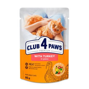 CLUB 4 PAWS PREMIUM "KALKUNIGA KASTMES". TÄISSÖÖT KONSERVTOIT TÄISKASVANUD KASSIDELE