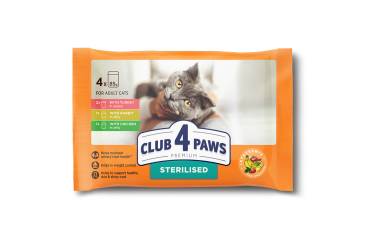 Komplekt CLUB 4 PAWS Premium. Täisväärtuslik konservtoit steriliseeritud kassidele. "Kalkunilihaga kastmes"х2, "Küülikulihaga tarretises"х1, "Steriliseeritud"х1 kanaga (4 x 0,085), 0,34 kg.