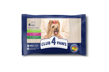 Komplekt CLUB 4 PAWS Premium. Täisväärtuslik konservtoit täiskasvanud koertele "KANALIHA ŽELEES", "VEISELIHAGA ŽELEES", "PARDILIHA ŽELEES" (4 x 0,085), 0,34 kg