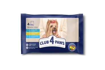 Komplekt CLUB 4 PAWS Premium. Täisväärtuslik konservtoit täiskasvanud koertele "TALLELIHAGA KASTMES", "KÜÜLIKULIHAGA KASTMES", "Lõhega kastmes", (4 x 0,085), 0,34 kg