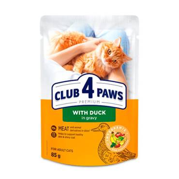 CLUB 4 PAWS PREMIUM " WITH DUCK IN GRAVY ". СOMPLETE CANNED PET FOOD FOR ADULT CATS
